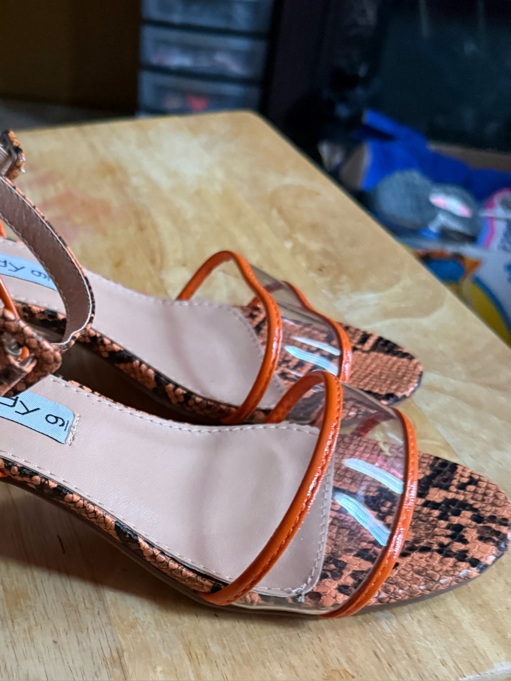 Orange Snake-Print Clear-Strap Sandals with Ankle Tie